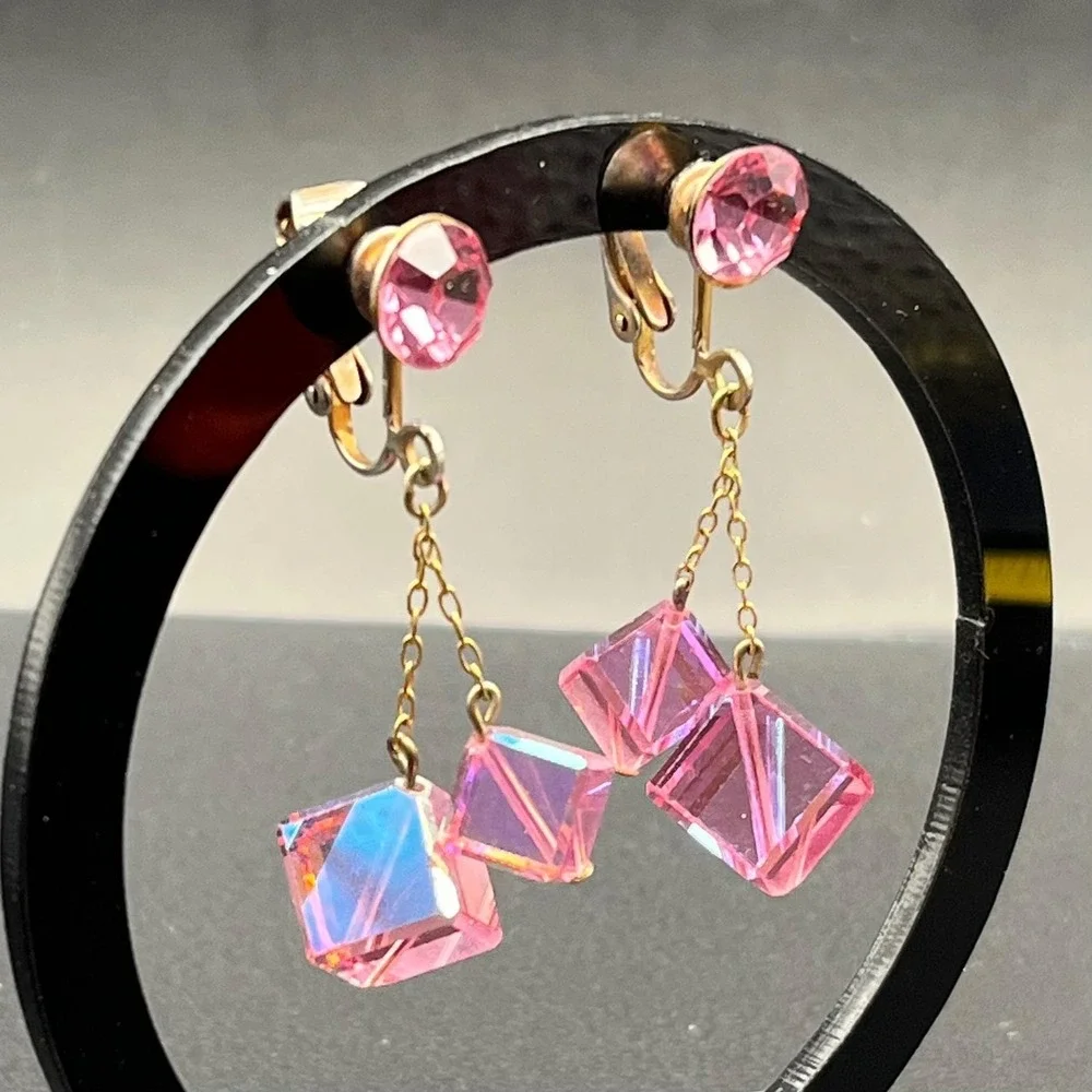 Vintage Pink AB Crystal‎ Cube Clip On Earrings Mid Century Geometric Drop 2